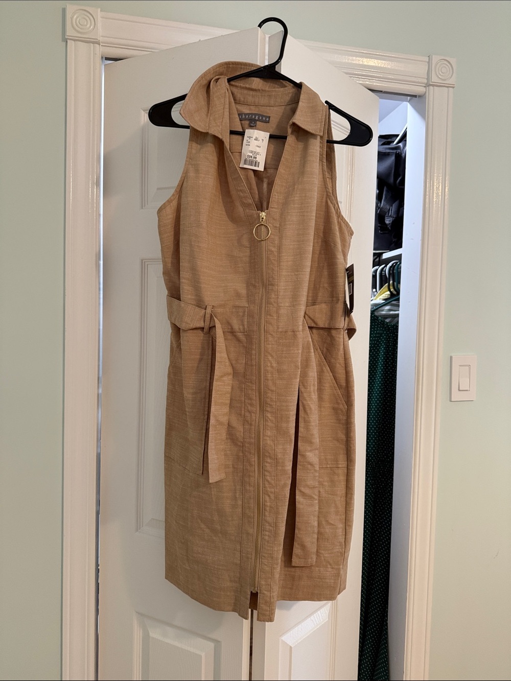 Sharagano Sleeveless Zip-Front Belted Vest in Tan